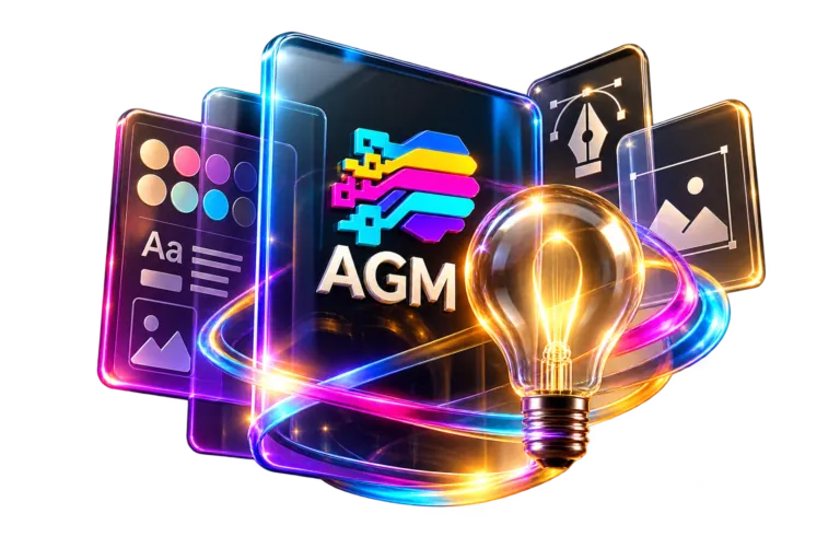AGM brand identity illustration with color palettes, typography, design tools and a light bulb