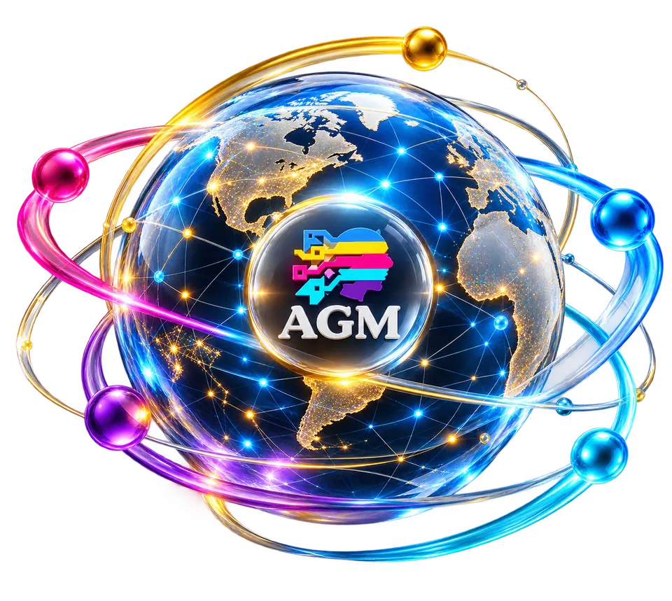 AGM logo on a connected globe surrounded by colorful orbital rings