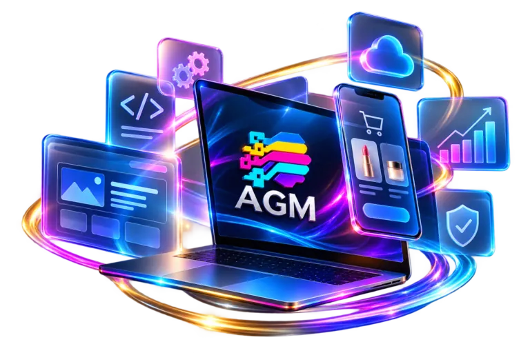 AGM laptop and mobile storefront illustration with web development, cloud, analytics and security icons