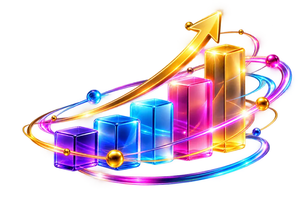 Rising multicolored bar chart with an upward gold arrow illustrating business growth
