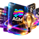 AGM brand identity illustration with color palettes, typography, design tools and a light bulb