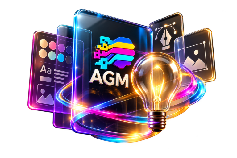 AGM brand identity illustration with color palettes, typography, design tools and a light bulb