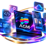 AGM laptop and mobile storefront illustration with web development, cloud, analytics and security icons