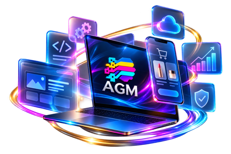 AGM laptop and mobile storefront illustration with web development, cloud, analytics and security icons