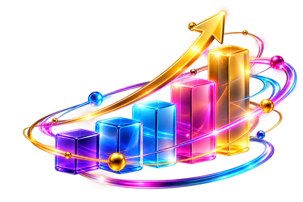 Rising multicolored bar chart with an upward gold arrow illustrating business growth