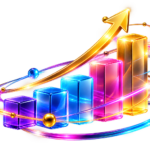 Rising multicolored bar chart with an upward gold arrow illustrating business growth