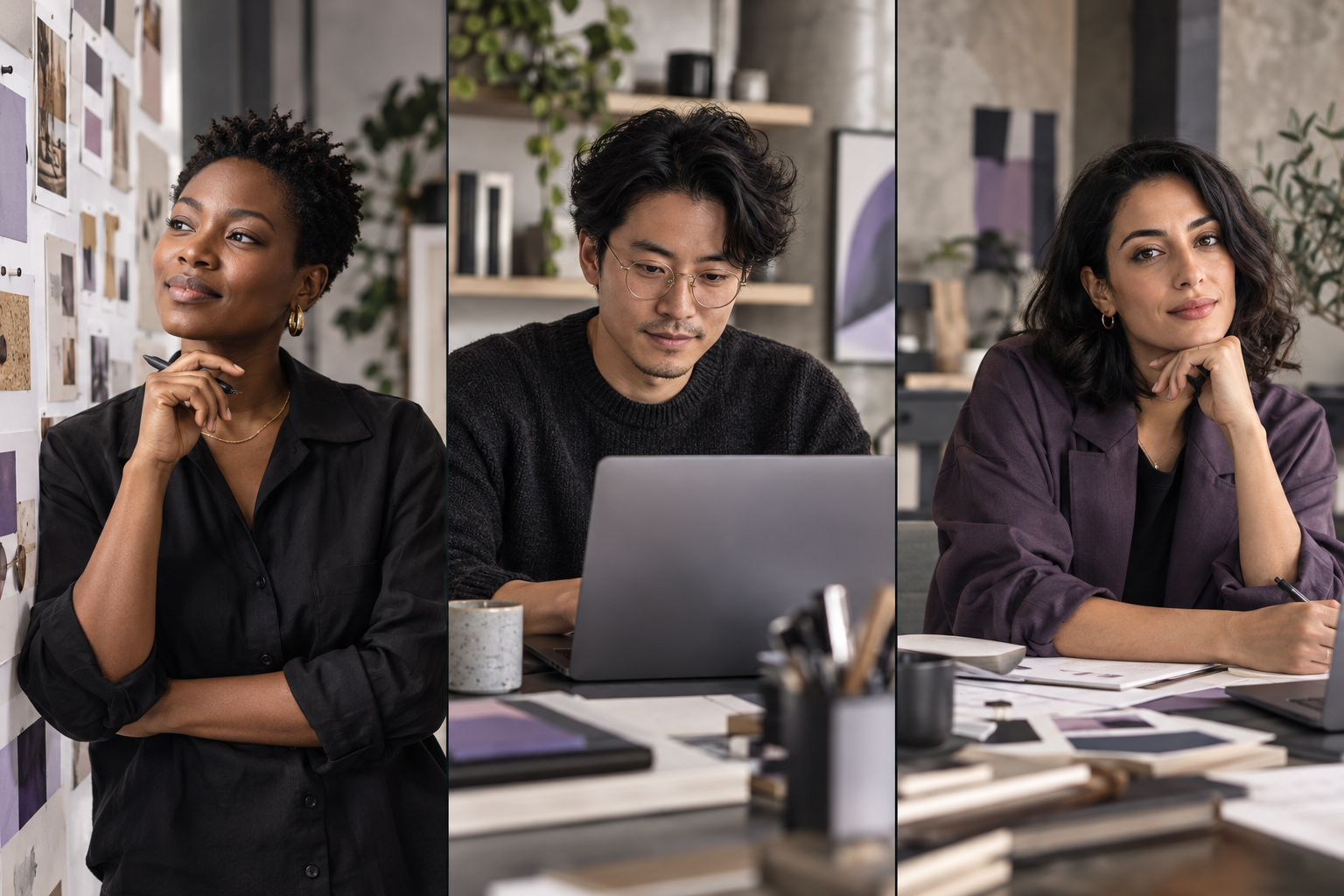 AI-generated illustrative portraits of three professionals in a creative studio