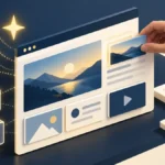 Website assembled from modular blocks beside a designer hand and AI spark