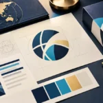 Brand design worktable with geometric marks color swatches and packaging