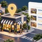 Illustrated neighborhood storefront with a location pin and search cards